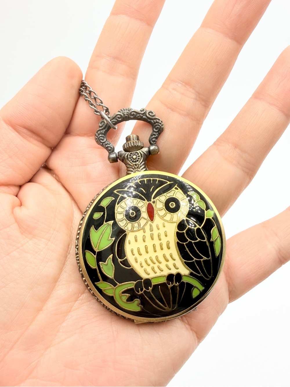 Vintage Style Owl Pocket Watch Necklace Cloisonné Enamel Pendant